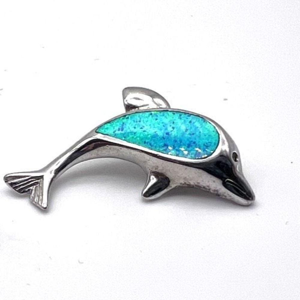 Women's Dolphin 3D Blue Opal Sterling Silver Bracelet Charm Necklace Pendant - Picture 3 of 5
